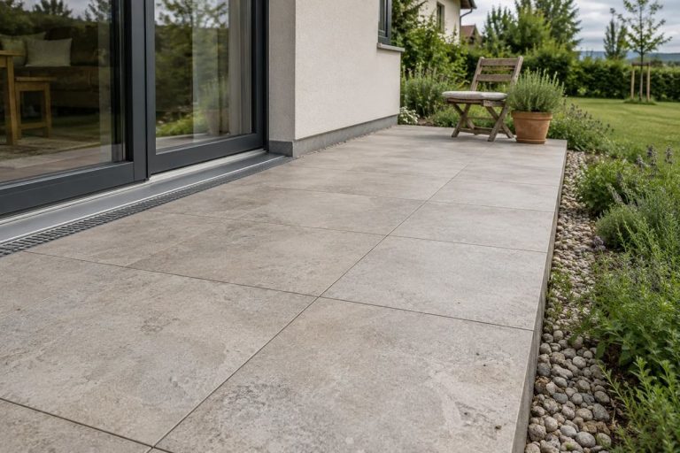 Terrazza bassa con lastre chiare e canalina di drenaggio davanti alla portafinestra