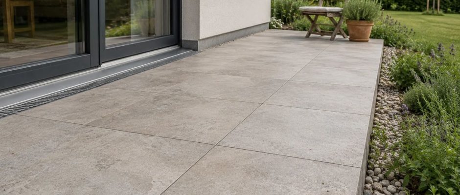 Terrazza bassa con lastre chiare e canalina di drenaggio davanti alla portafinestra