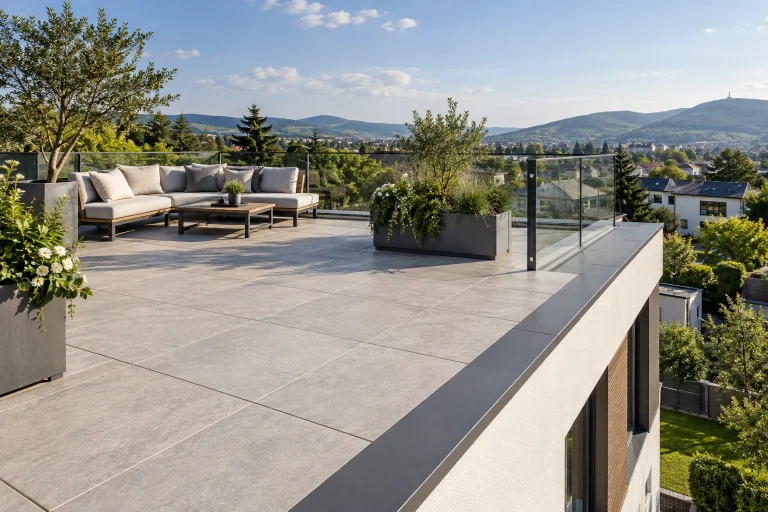Terrazza sul tetto con lastre, zona relax e parapetto in vetro