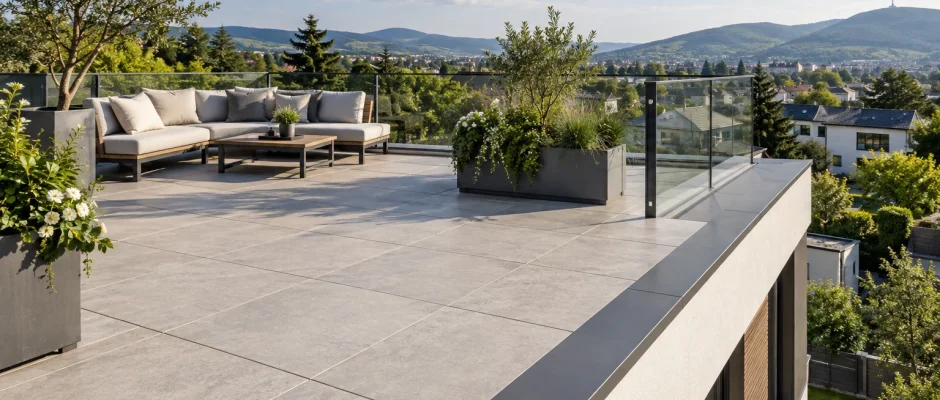 Terrazza sul tetto con lastre, zona relax e parapetto in vetro